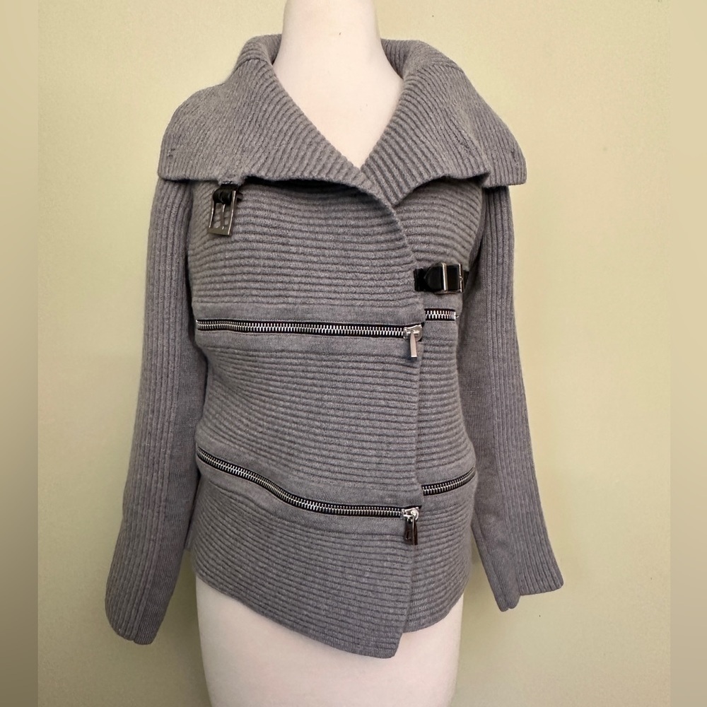 👚Barbara Bui Tricot Zippers Knit Cardigan/sweater Belts Grey 100% Wool si… - Picture 2 of 16